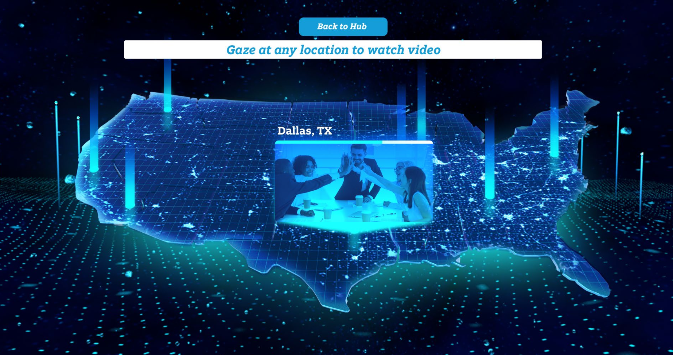 Digital illustration of the United States map with a video group chat overlay, featuring four people high-fiving at a table, labeled 'Dallas, TX', connected by digital lines and a blue sci-fi style background.