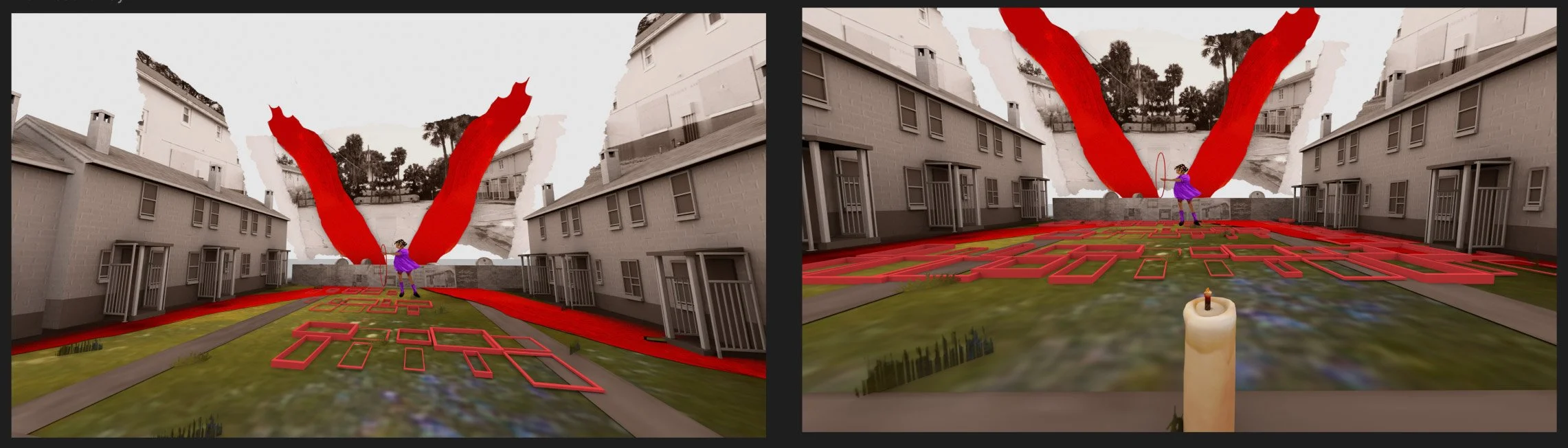 Digital rendering of a backyard scene split into two, featuring a person in a purple dress walking on a maze-like red pathway on grass, surrounded by gray residential buildings, with large red abstract shapes in the background and a white candle in t