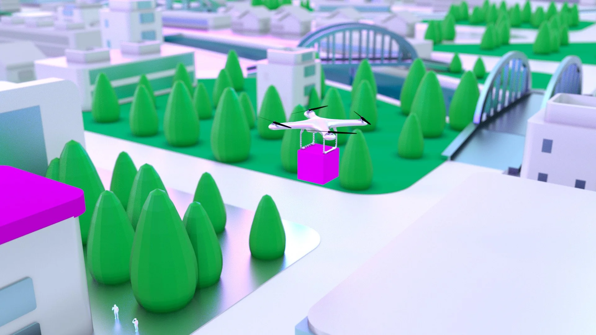 A small white drone flying above a pink cube on a model city map with stylized trees and bridges.