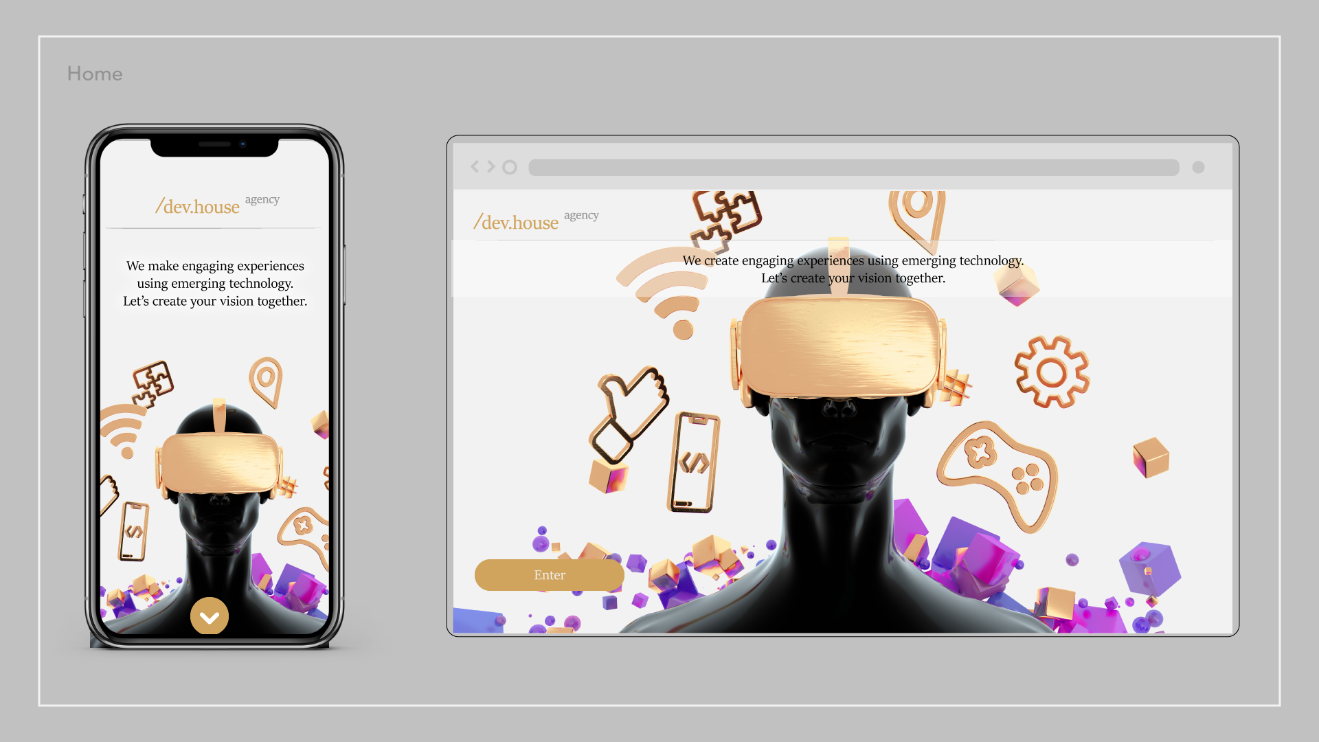 Website homepage displayed on smartphone and desktop with a figure wearing a virtual reality headset, surrounded by icons representing technology, social media, and gaming.