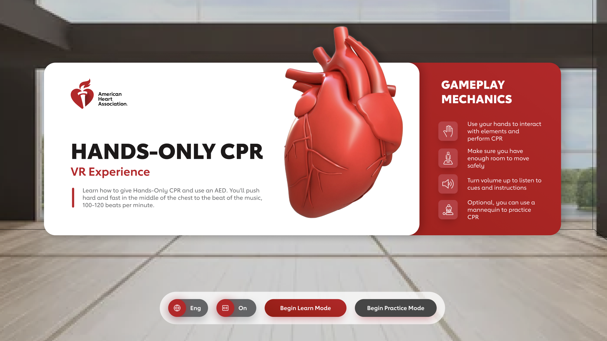 An instructional display from the American Heart Association showing a 3D model of a human heart with text about a hands-only CPR VR experience. The display includes guidelines for gameplay mechanics and control buttons at the bottom labeled in English.