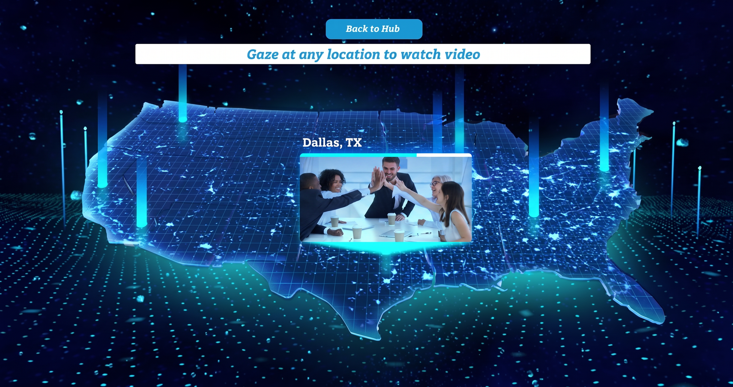 Digital map of the United States with a video thumbnail of diverse people high-fiving and labeled 'Dallas, TX'