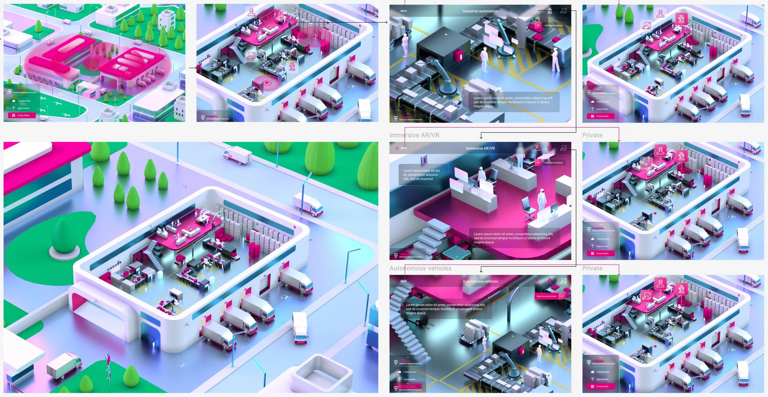 Collage of digital illustrations depicting various aspects of industrial automation, autonomous vehicles, immersive AR/VR experiences, and smart infrastructure in a stylized, futuristic setting with pink, white, and green color schemes.
