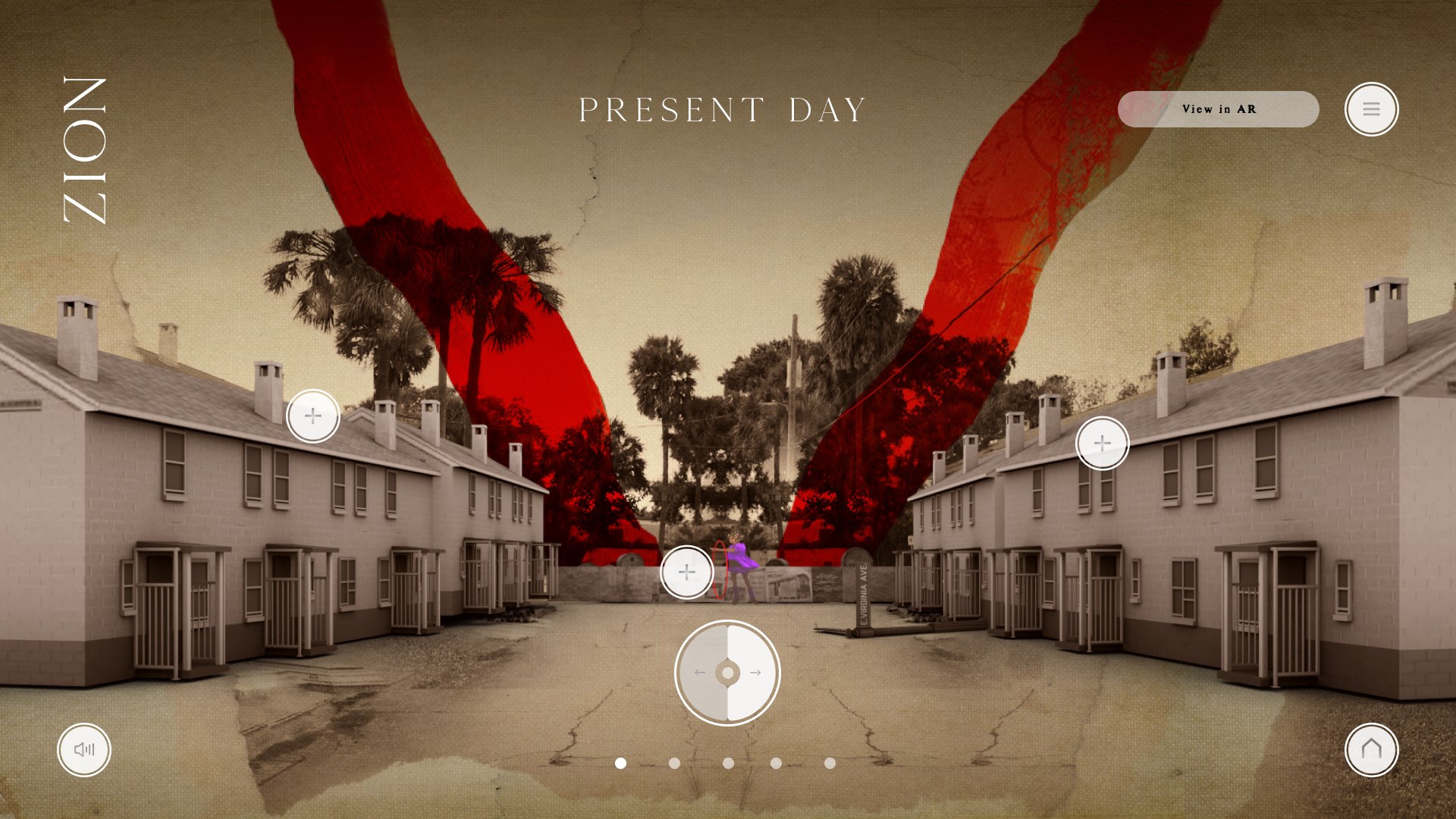 A digitally manipulated photo of a residential street with grayscale houses and palm trees, overlaid with red brushstrokes and a purple-cloaked figure in the center.