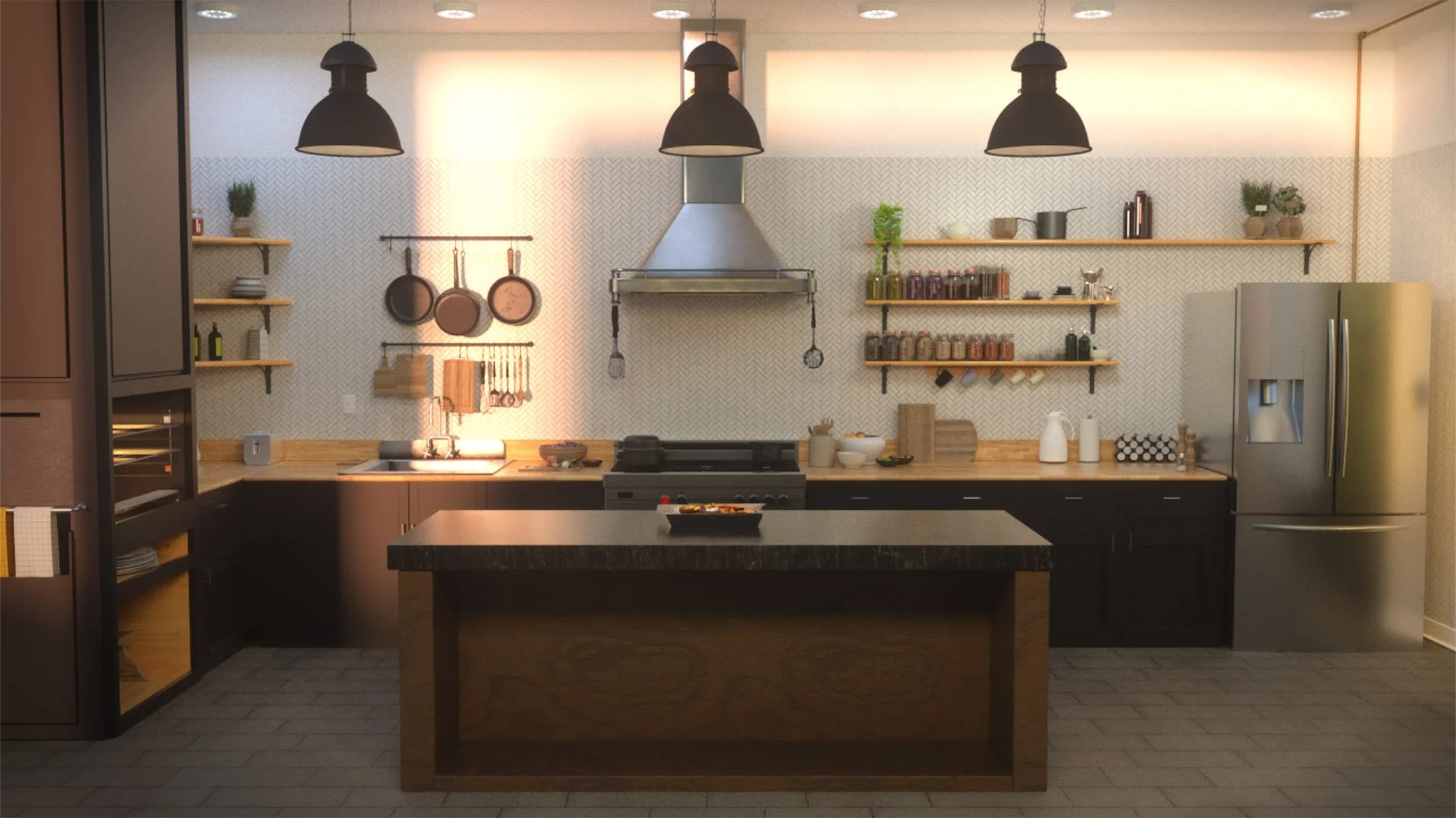 Modern kitchen with open shelving, black cabinets, stainless steel refrigerator, and a wooden island with black countertop, featuring hanging black pendant lights, pots, pans, and kitchen utensils on the walls.