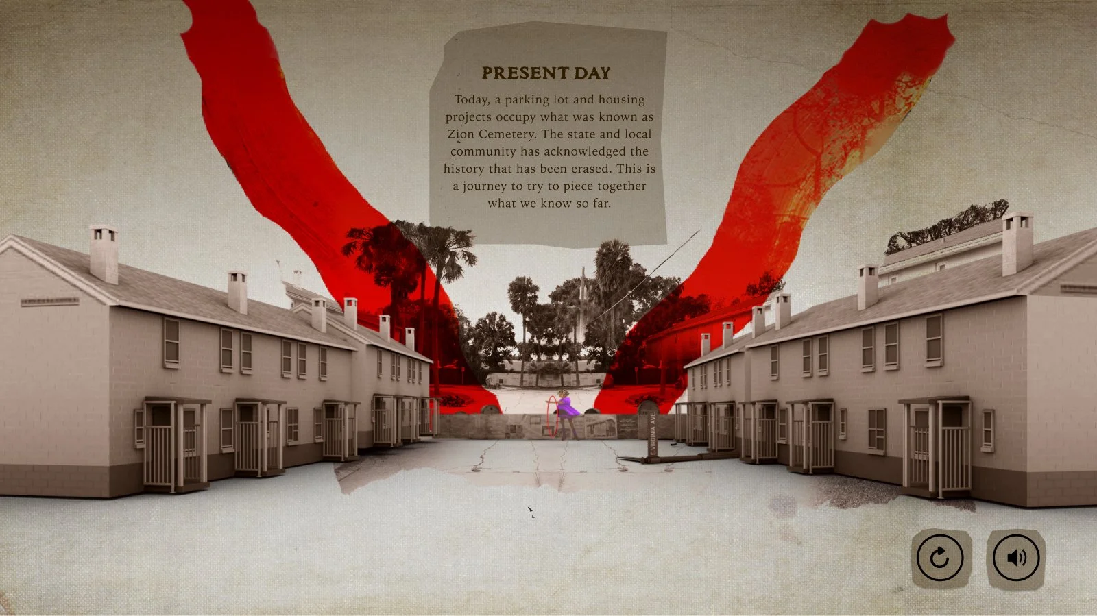 A digital illustration showing the transition of a neighborhood from past to present. The left side depicts older, monochrome housing units, while the right side shows modern, more colorful buildings. A large red abstract shape dominates the sky with