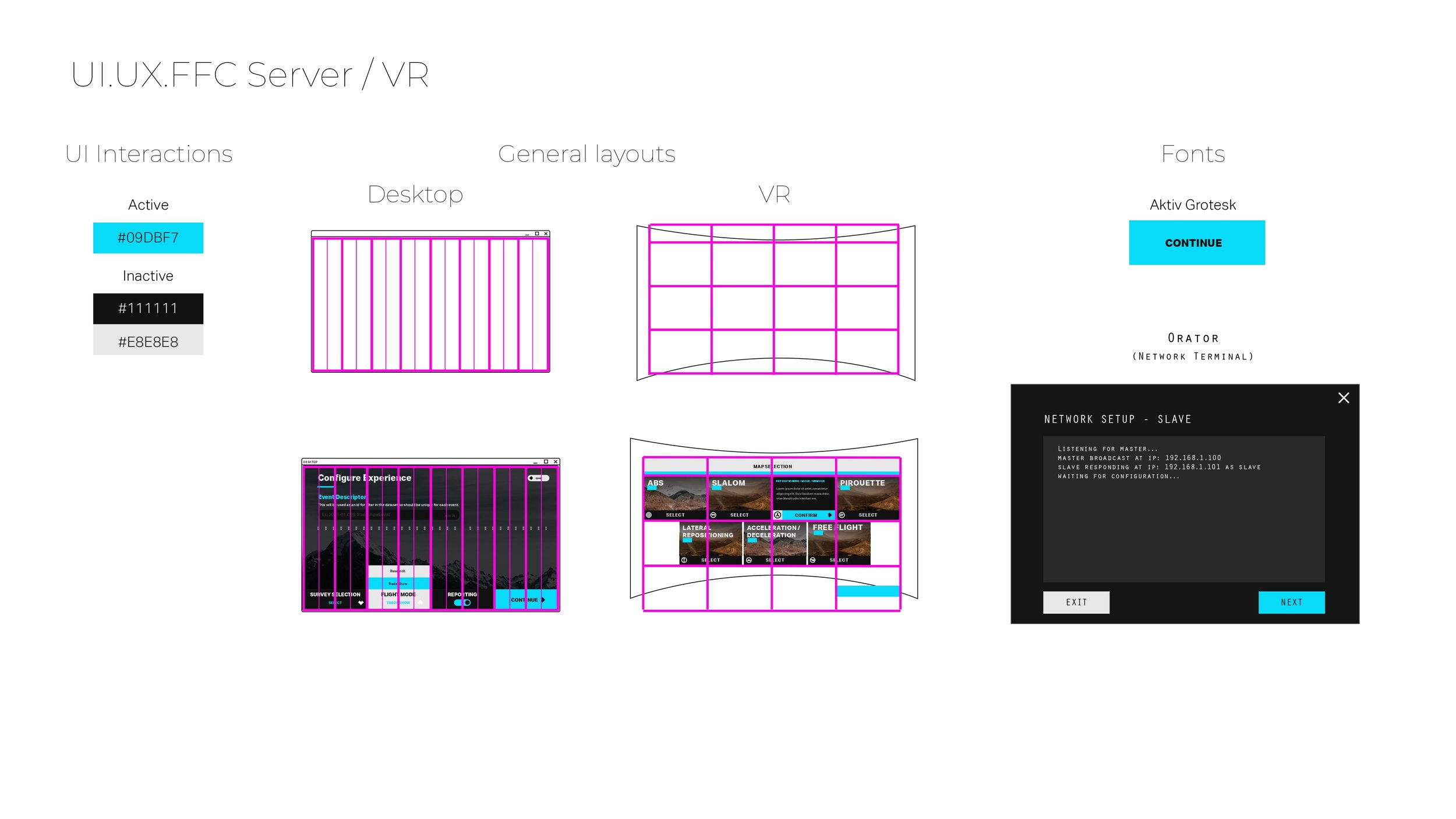 Screenshot of a user interface design guide for a VR/Server setup, with sections on UI interactions, general layouts, and fonts, including color codes and visual mockups.