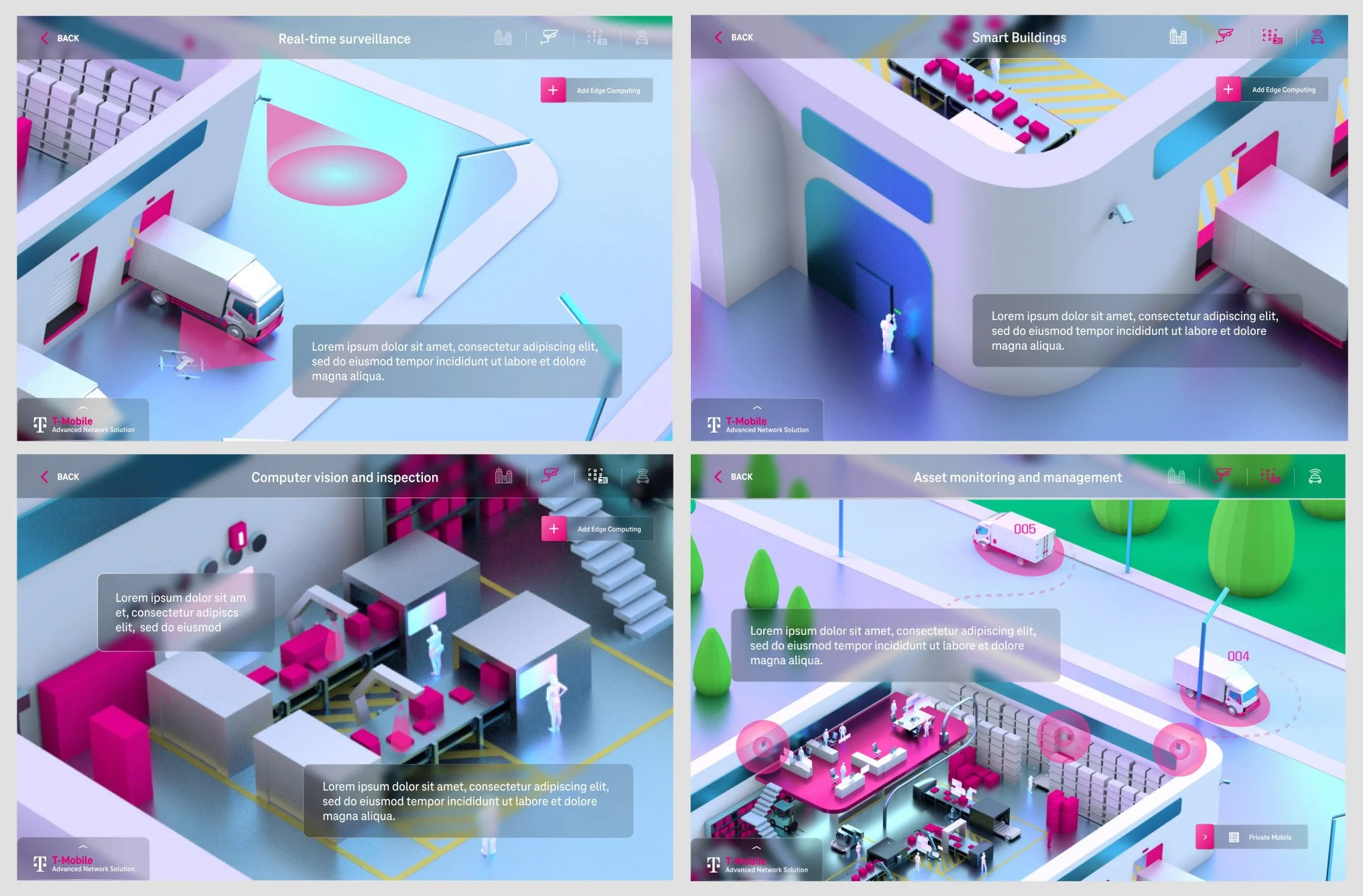 Screenshots of a digital interface showcasing smart city technology concepts including real-time surveillance, smart buildings, computer vision and inspection, and asset monitoring and management, with futuristic 3D models and icons.