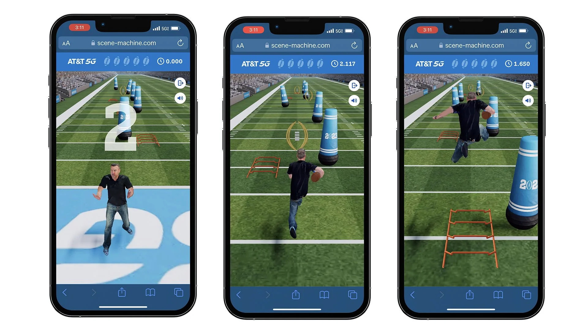 Three smartphones display a virtual running game on a football field with agility training equipment. A man appears to be running or jumping through the game in different stages.