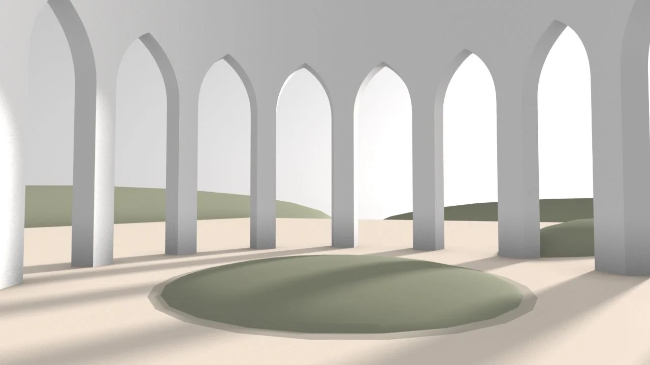 Illustration of an open-air structure with tall archways and pillars, with grassy hills in the background.
