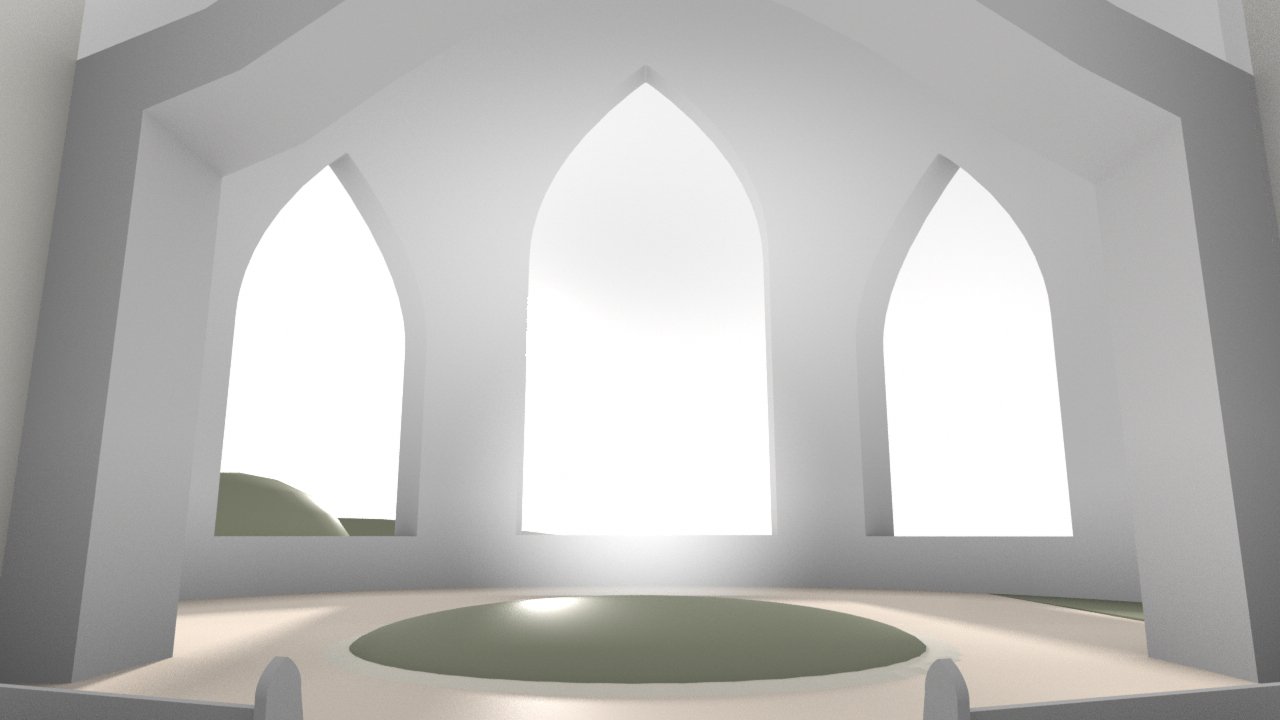 A bright, white interior of a church or cathedral with three large arched windows and a circular rug on the floor.
