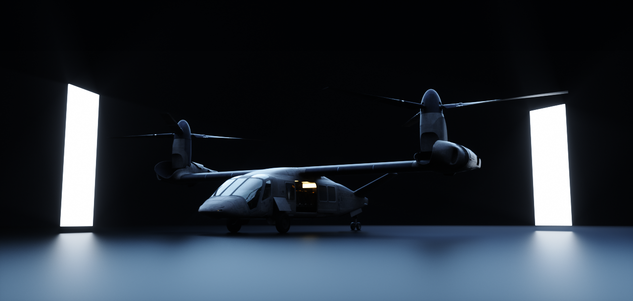 A futuristic helicopter inside a dark hangar with bright openings on each side.