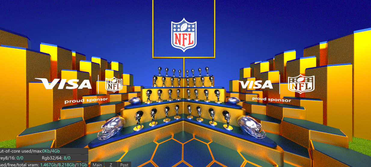 Logo for the NFL in the center atop a display of sports trophies, flanked by VISA logos on either side, with a bold amber and yellow aesthetic, set against a blue background.
