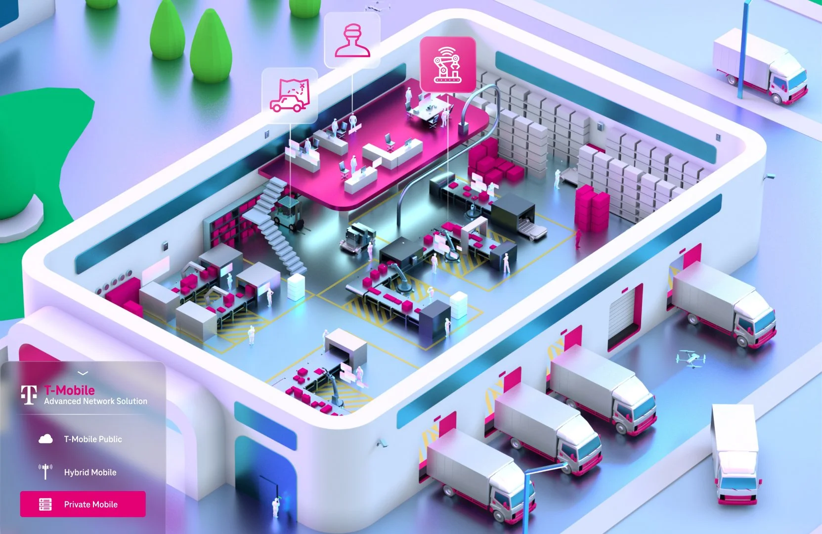 An illustration of a futuristic factory or laboratory with various workstations, robots, workers, and equipment, featuring a color scheme of pink, white, and gray, with trucks outside for transportation.