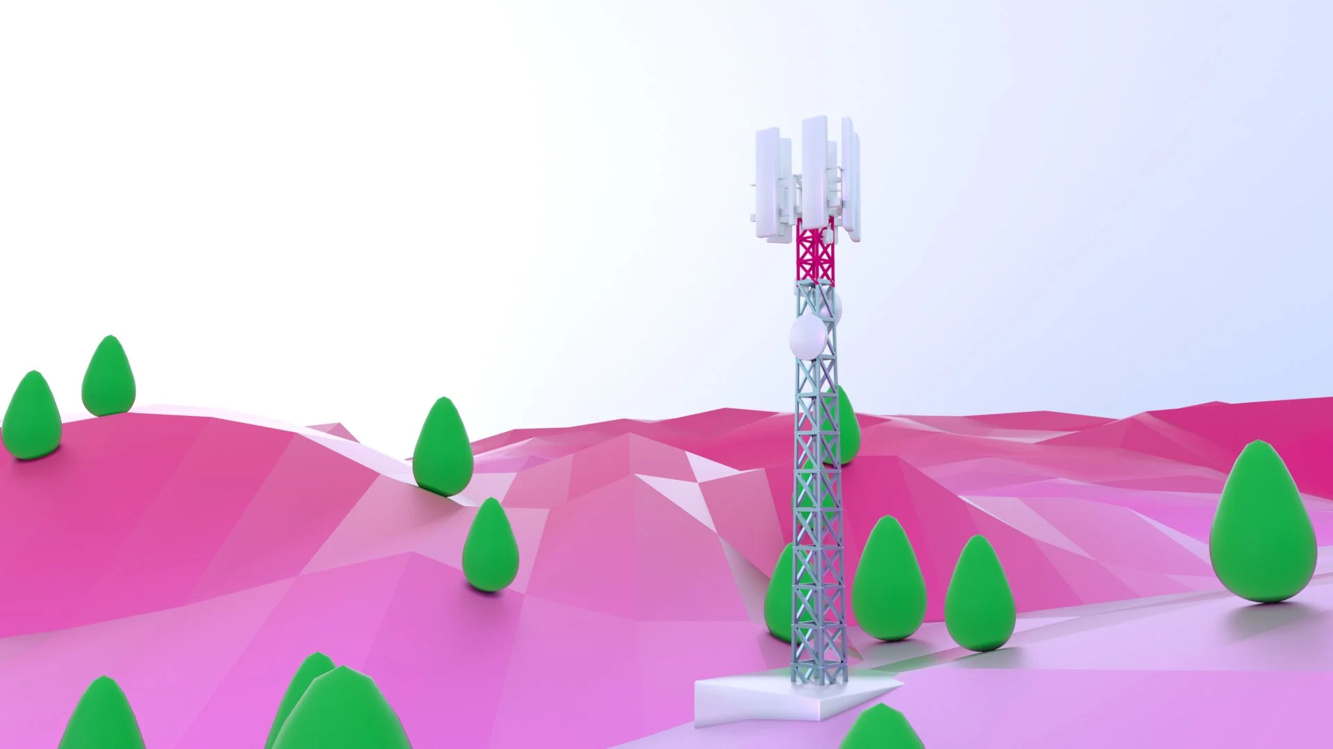 A stylized digital illustration of a pink wireless communication tower with multiple antennas standing on a pink and purple landscape with abstract green trees and hills, under a white sky.
