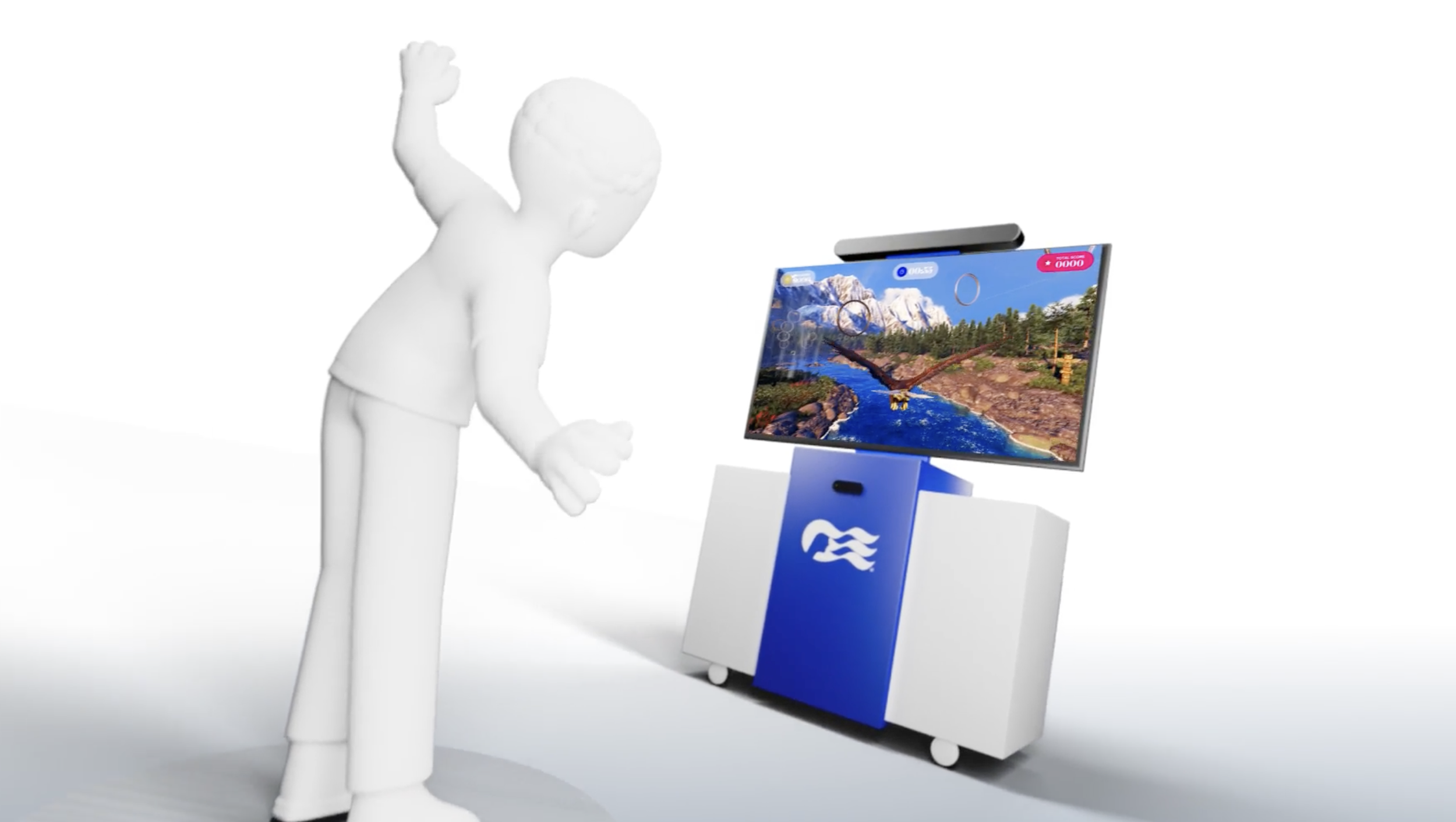 A white mannequin with a raised arm observing a digital screen displaying mountain landscapes and a bird in flight.