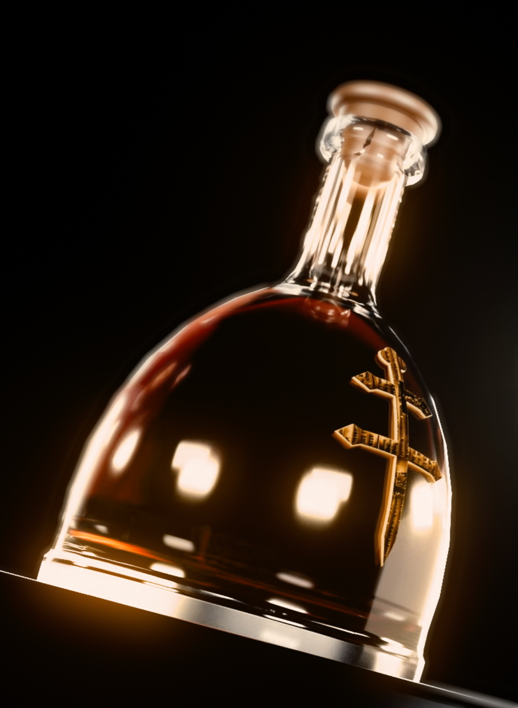 A glass bottle filled with dark liquid and a decorative gold tree-shaped ornament inside.