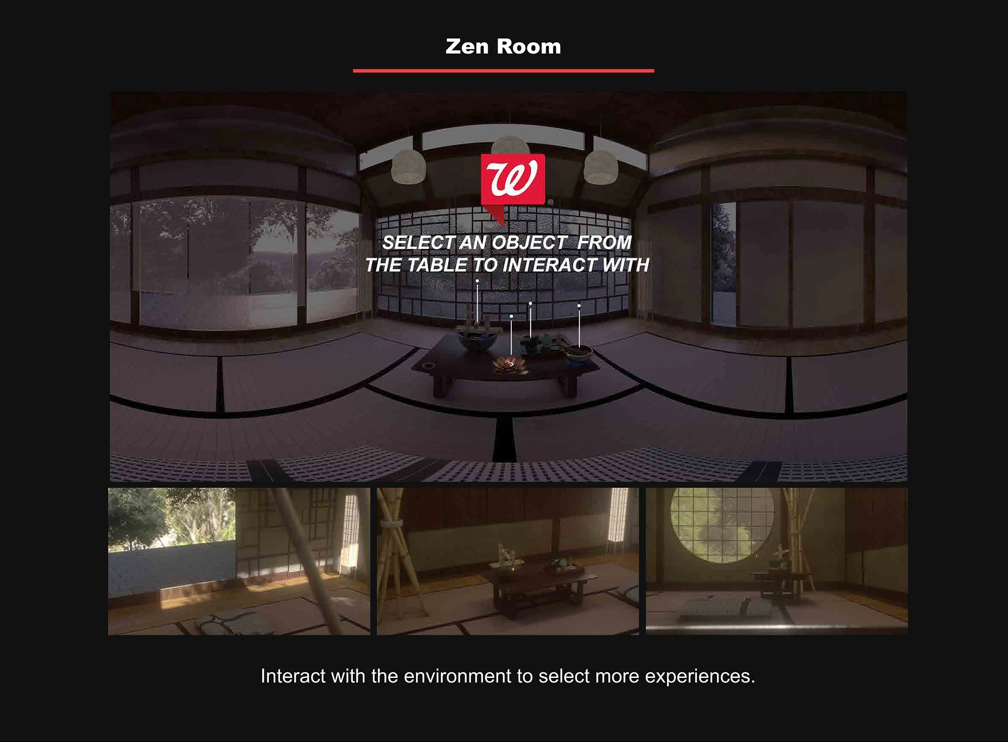 VR interface with a room labeled 'Zen Room' at the top and a Walnut logo in the center. Instructions to select objects from the environment are displayed below.