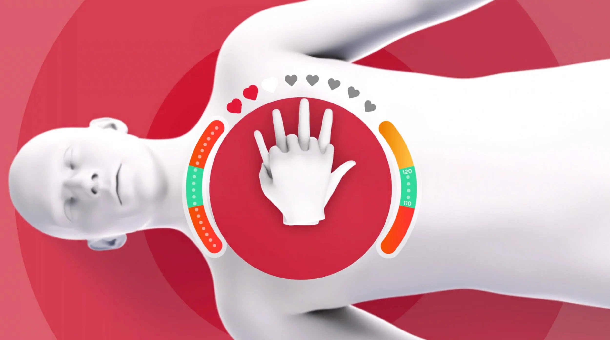 A computer-generated image of a baby with closed eyes lying on its side, with a circular health indicator surrounding the baby's head. The indicator shows heart icons and a gauge with green, yellow, and red sections, suggesting health or heartbeat metrics.