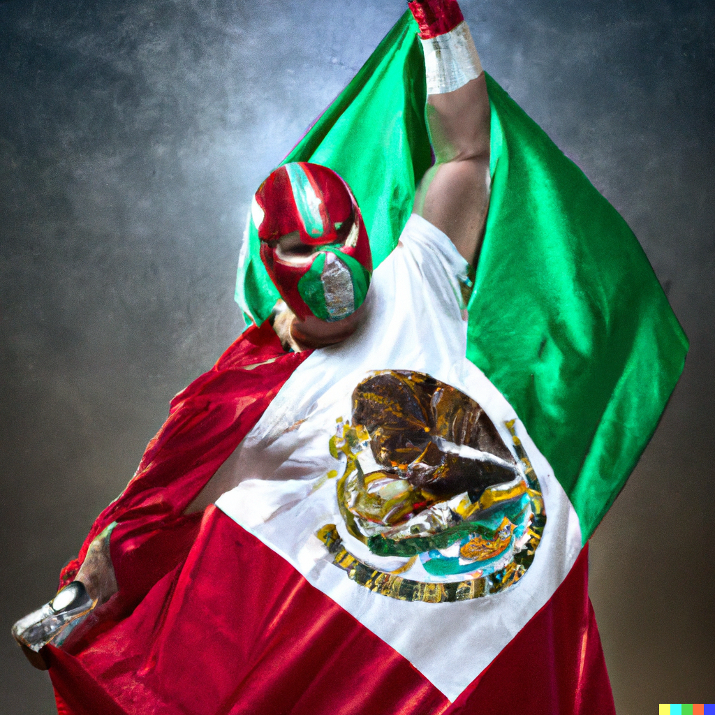 DALL·E 2022-10-30 22.22.26 - photograph of luchador full body waving a Mexican flag.png