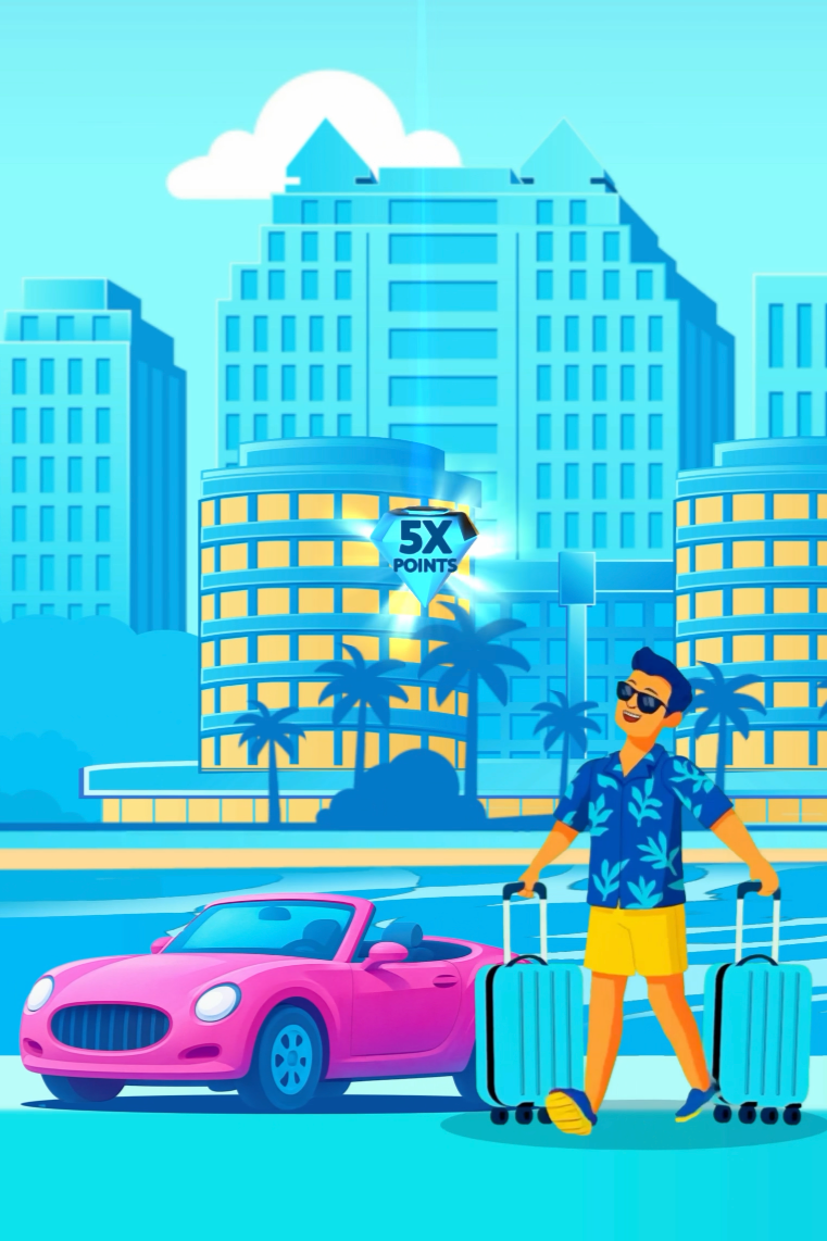 A man with sunglasses and a Hawaiian shirt stands with a pink convertible car and rolling suitcases in front of tall city buildings and palm trees, with a graphic offering 5x points.