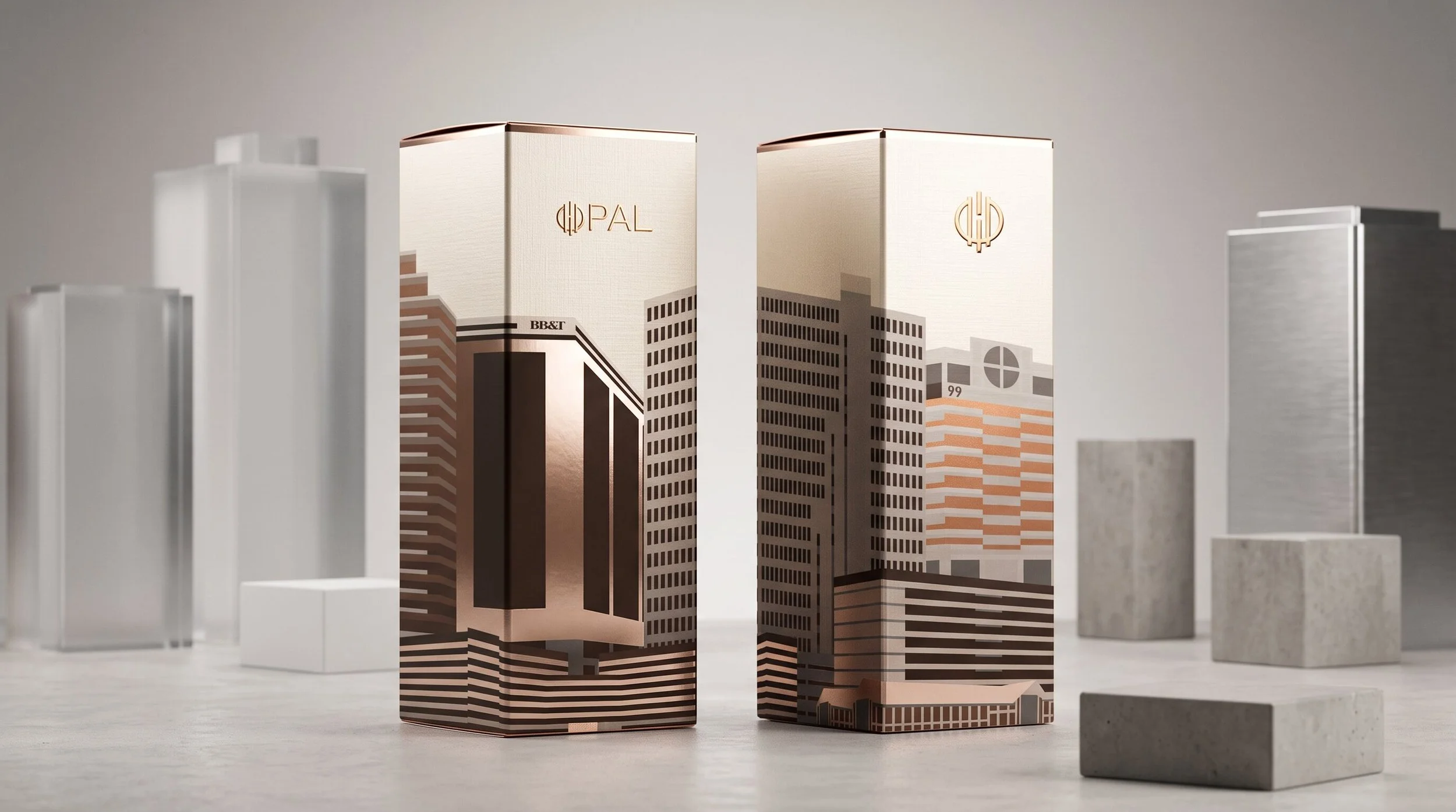 Miniature model of modern high-rise buildings with one building marked 'QPal' and additional architectural details, set against a plain background.
