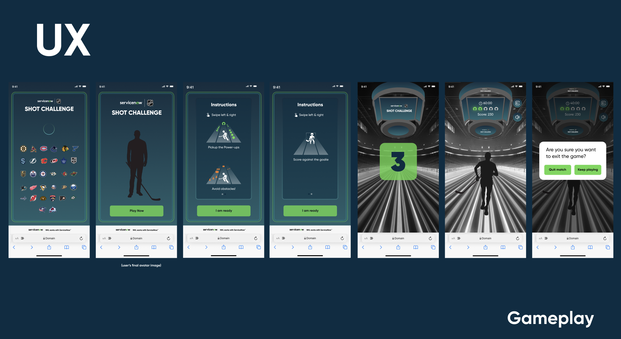 Screenshots of a mobile hockey shot challenge game interface, showing team logos, instructions, gameplay, scoring, and exit confirmation prompts.