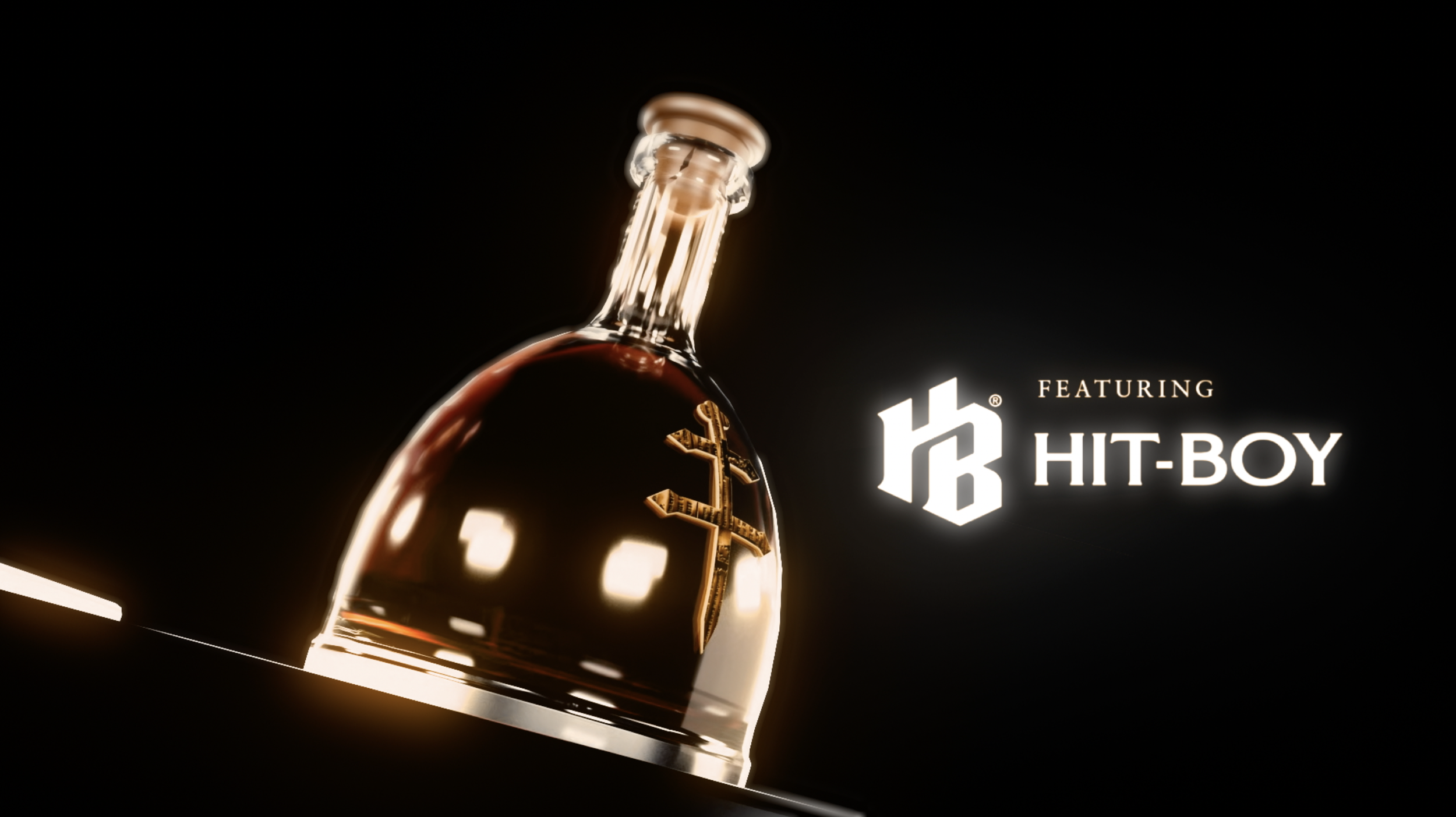 A glass bottle with a gold Bitcoin symbol on it, illuminated against a black background. Text on the image reads 'featuring Hit-Boy'.