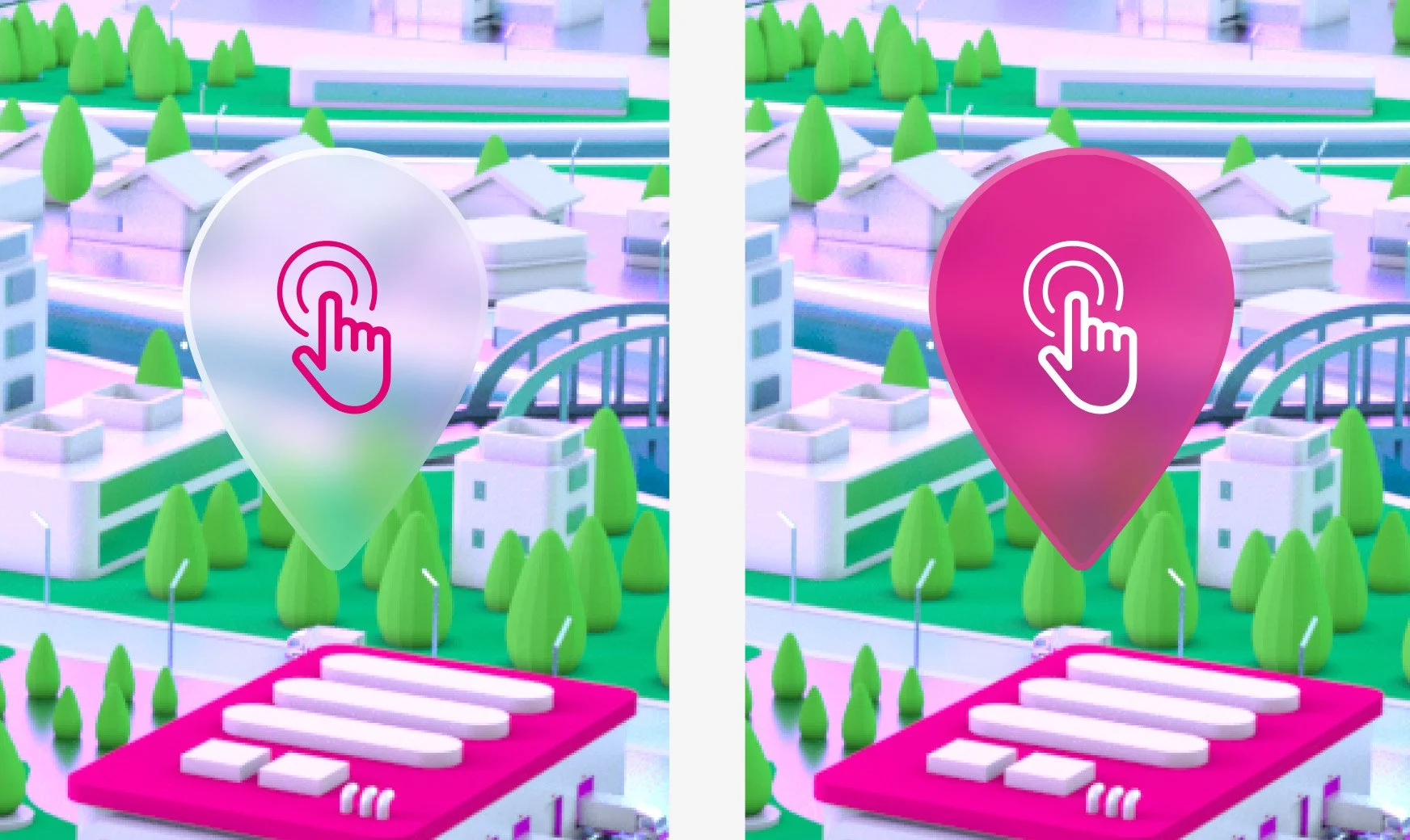 Two digital map markers with touch icons, one with a pink touch icon on a white and pink base, and the other with a white touch icon on a pink and green background, set in a colorful, stylized cityscape with trees, buildings, and stairs.