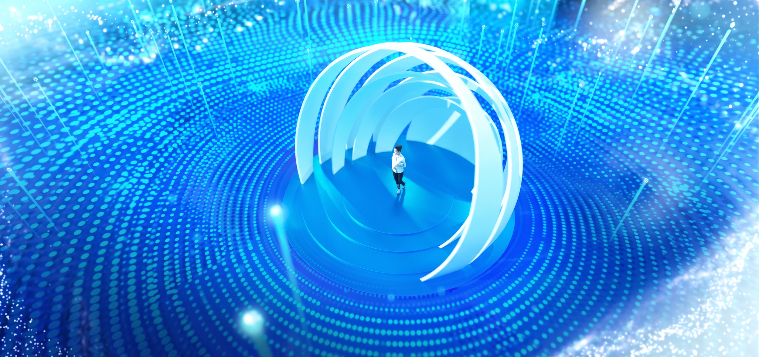 A woman standing inside a modern, futuristic tunnel with glowing white arches, surrounded by blue digital data patterns and light streaks.