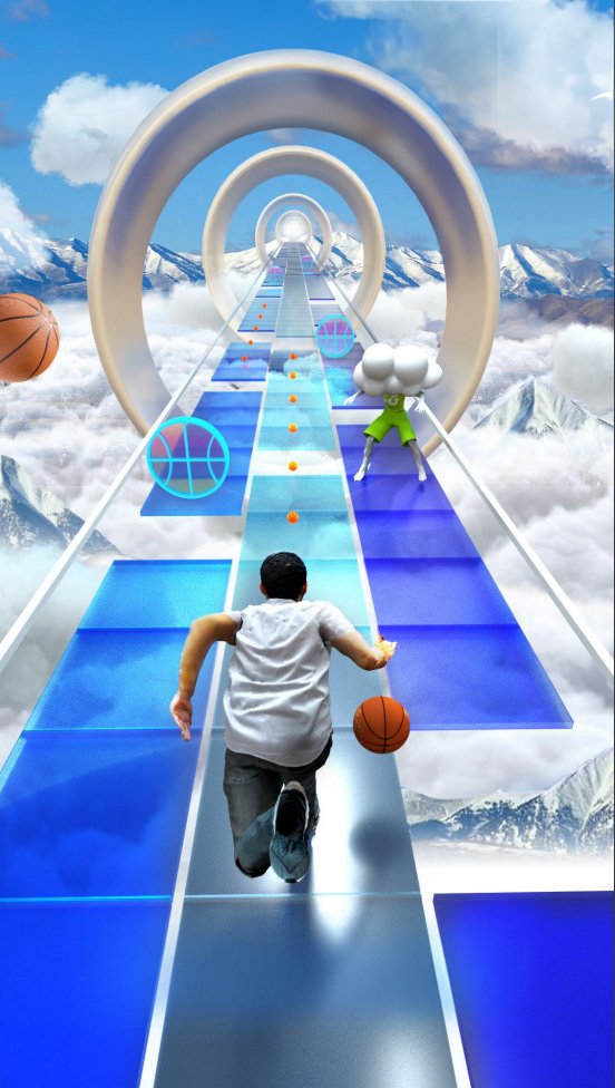 A person running on a futuristic, elevated, digital-looking pathway in the sky, with mountains and clouds in the background, and basketballs floating around.