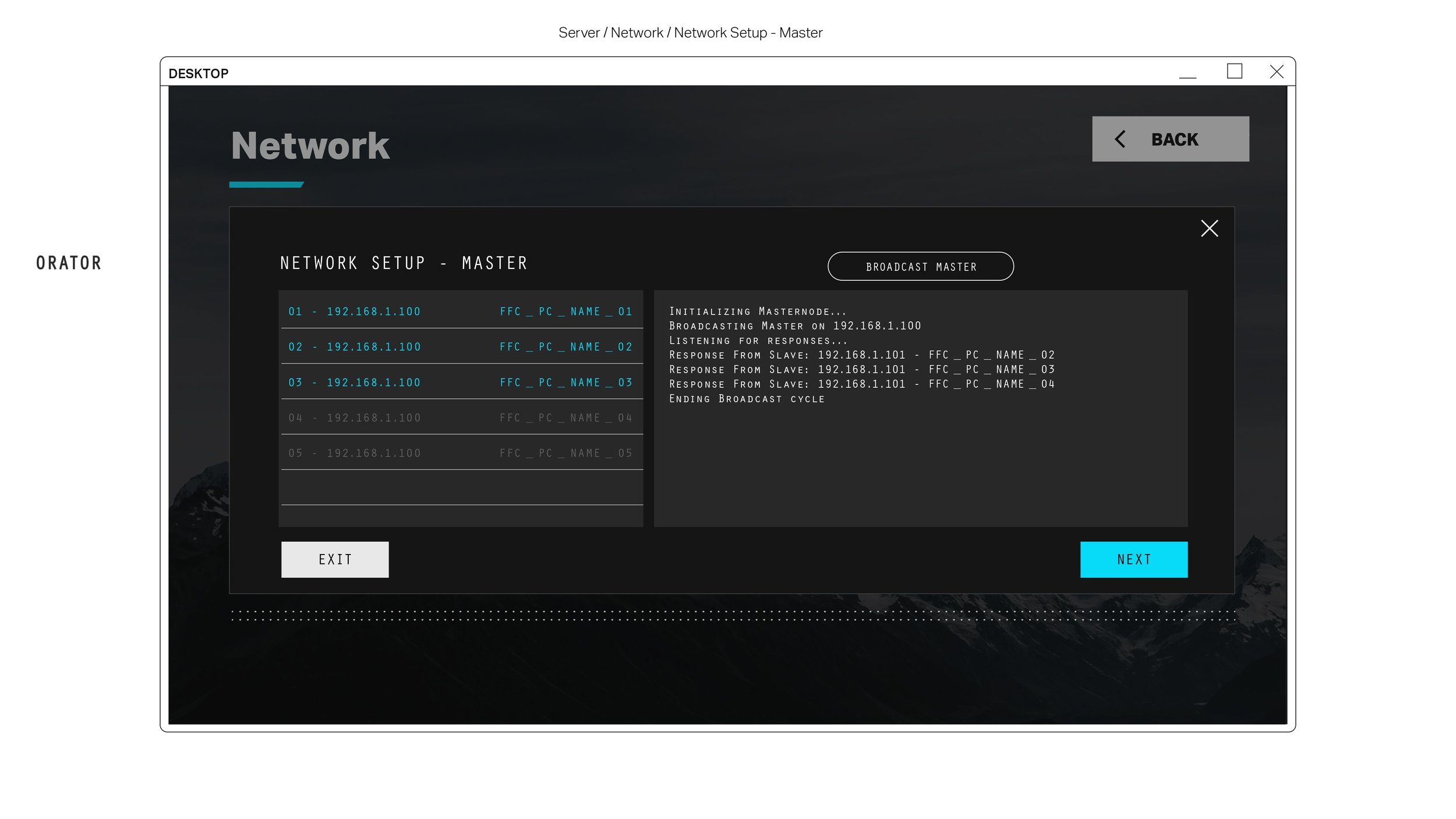 Computer screen displaying a network setup interface with IP addresses, response logs, and options to navigate or exit.