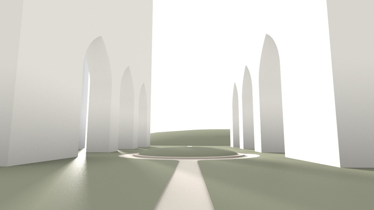 A digital rendering of an empty modern space with high white walls, tall arched doorways, and a circular area with a small pathway leading to it.