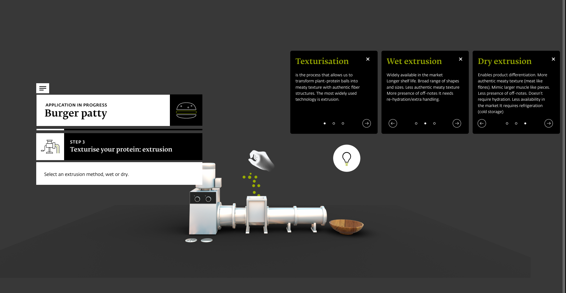 Digital interface showing a burger patty production process with steps outlined for texture application, including text and icons.