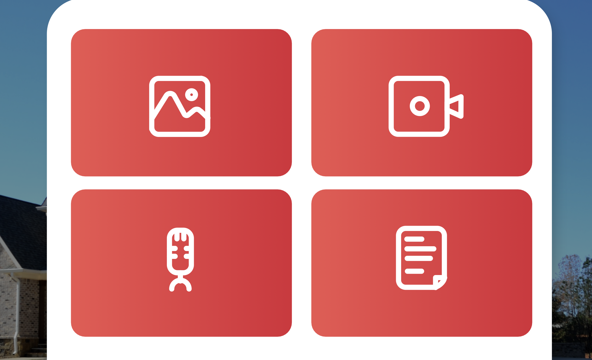 A red grid with four icons: a mountain and sun picture, a safe, a toothbrush, and a smartphone.