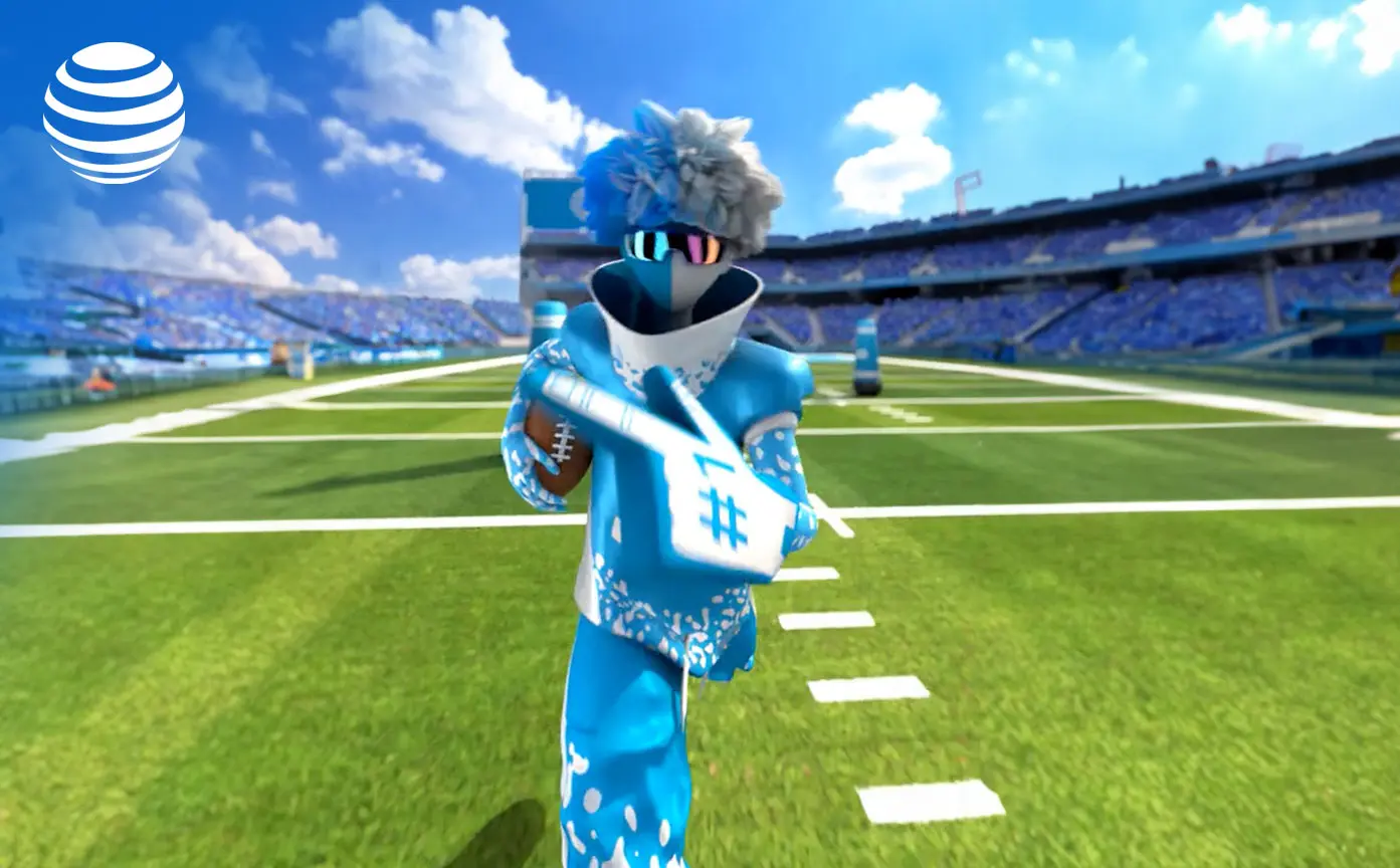A cartoon character dressed as a football player in a blue uniform holding a football in a stadium with a bright blue sky and clouds.