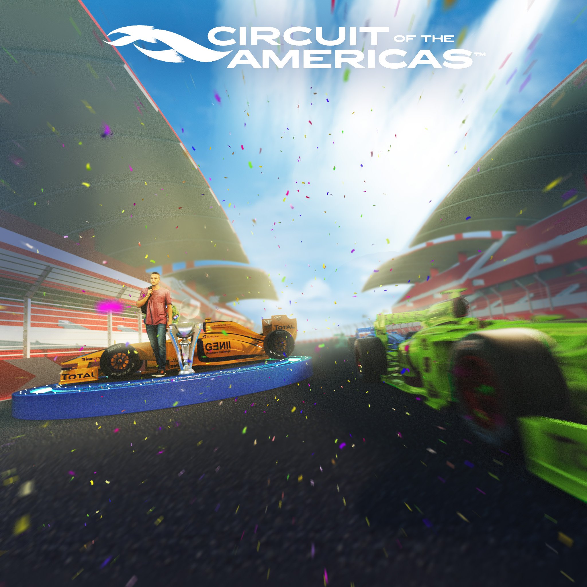 The image depicts a racing event at the Circuit of the Americas with a yellow race car on a track, a person standing next to the car, and another car blurred in motion. There are colorful confetti and a large digital screen displaying the circuit logo in the background.