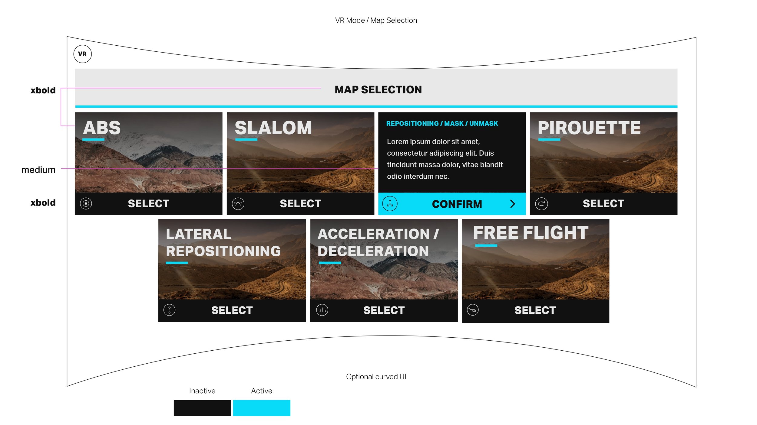 Diagram of a VR mode/map selection screen showing options for landscape manipulation, including buttons labeled ABS, SLALOM, PIROUETTE, LATERAL REPOSITIONING, ACCELERATION/DECELERATION, and FREE FLIGHT, with descriptions of VR mode, map selection, an