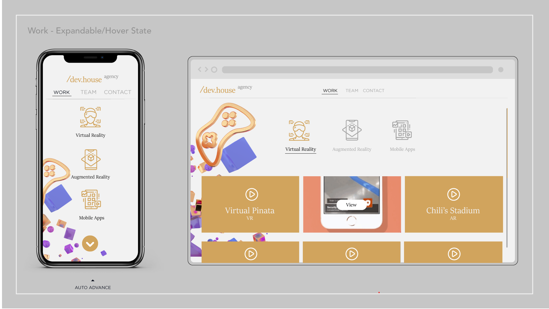 Screenshot of a website and a smartphone displaying a portfolio of virtual reality, augmented reality, and mobile app projects, with colorful abstract graphics, menu items, and project thumbnails.