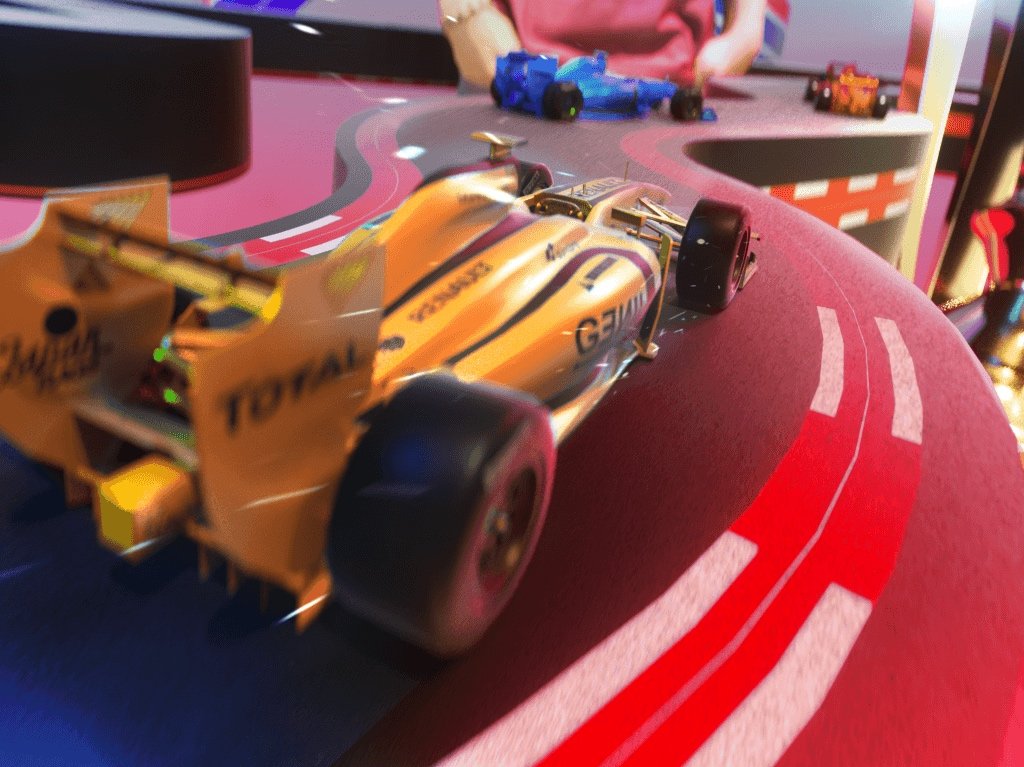 A yellow Formula 1 race car on a slot car racing track, with other toy cars in the background.