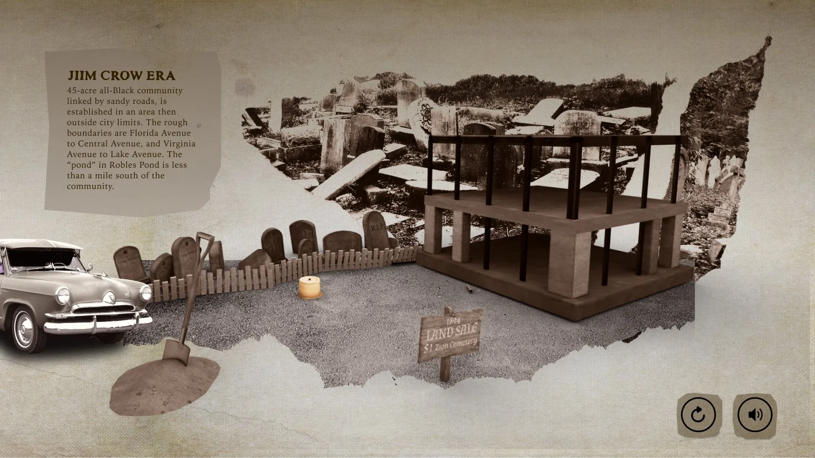 A mixed media collage depicting a historical scene from the Jim Crow era with a sepia-toned photograph of a cemetery, a small wooden stage with black railings, an old car, a shovel in a mound of dirt, and a sign for the 1894 land sale at St. Zion Cem