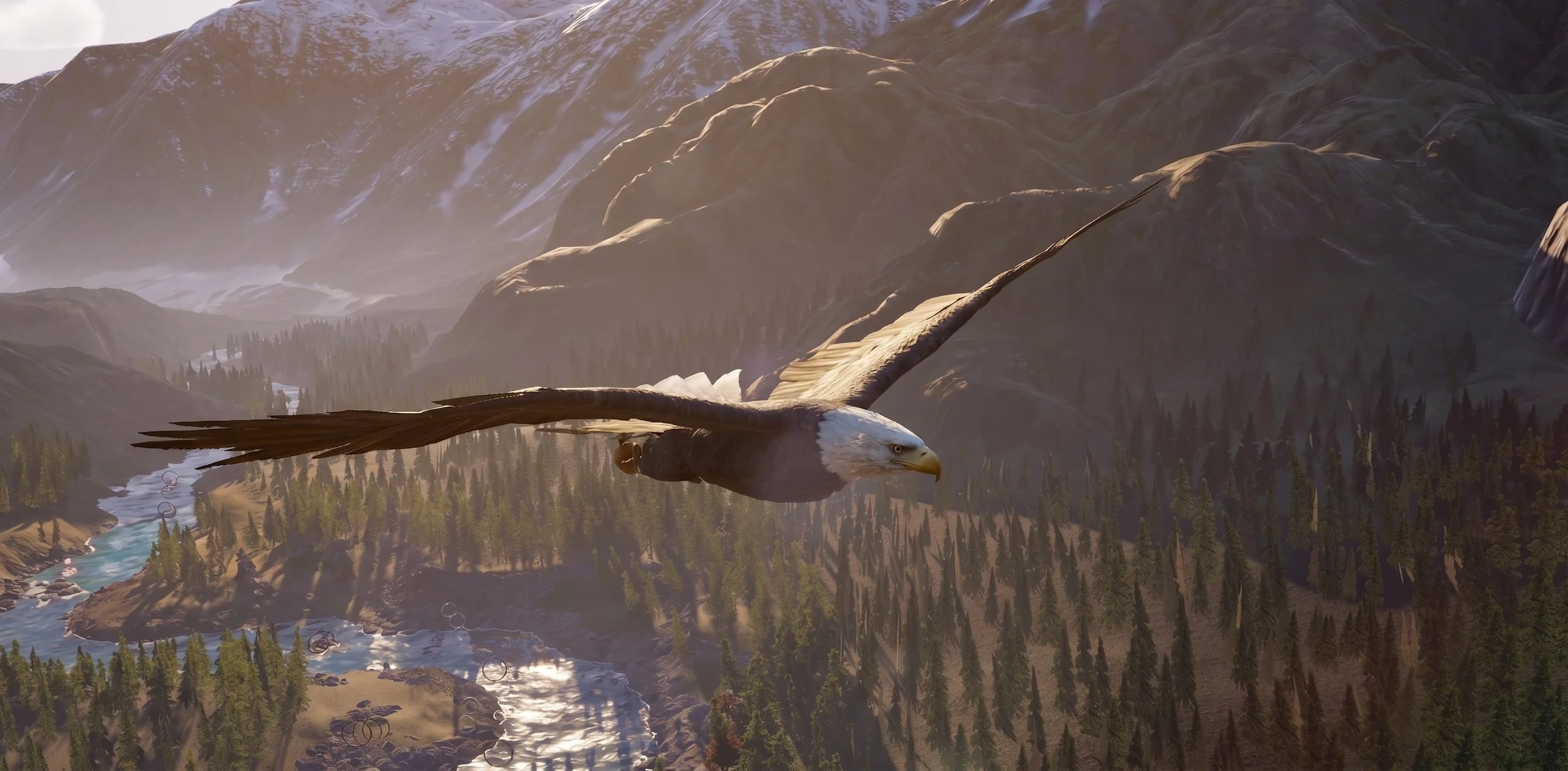 Animated eagle flying over a mountainous landscape with forests and rivers.