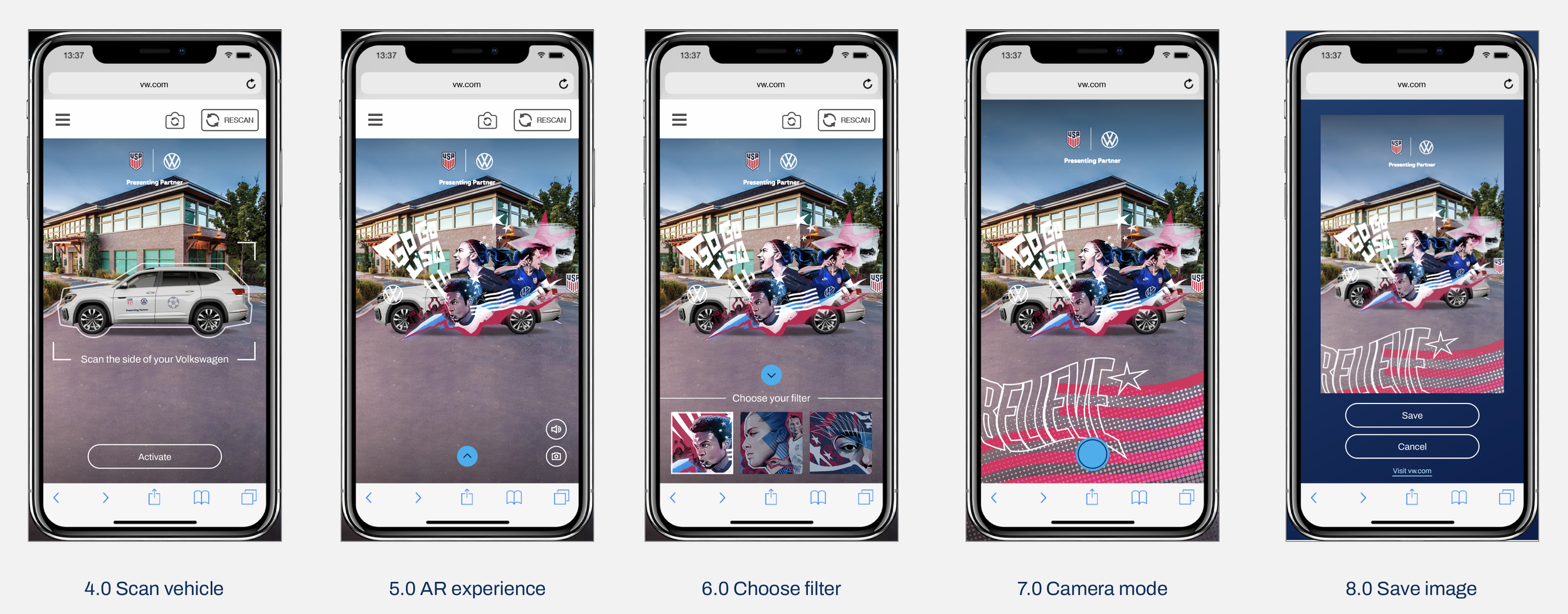 Series of five smartphone screenshots showing an augmented reality experience with a Volkswagen vehicle in front of a building. The screens depict actions like scanning the vehicle, choosing filters, camera modes, and saving the AR image, with colorf