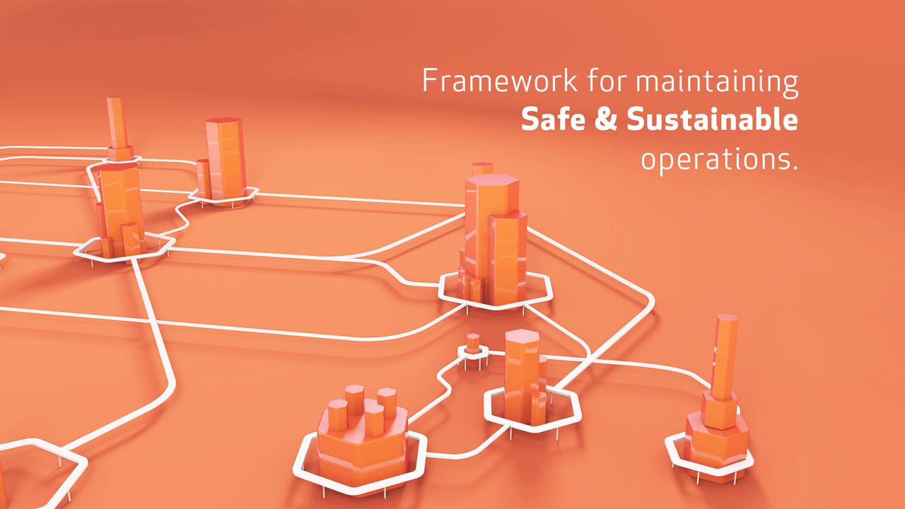 A digital illustration of a network map with interconnected orange buildings and white pathways, emphasizing a framework for maintaining safe and sustainable operations.