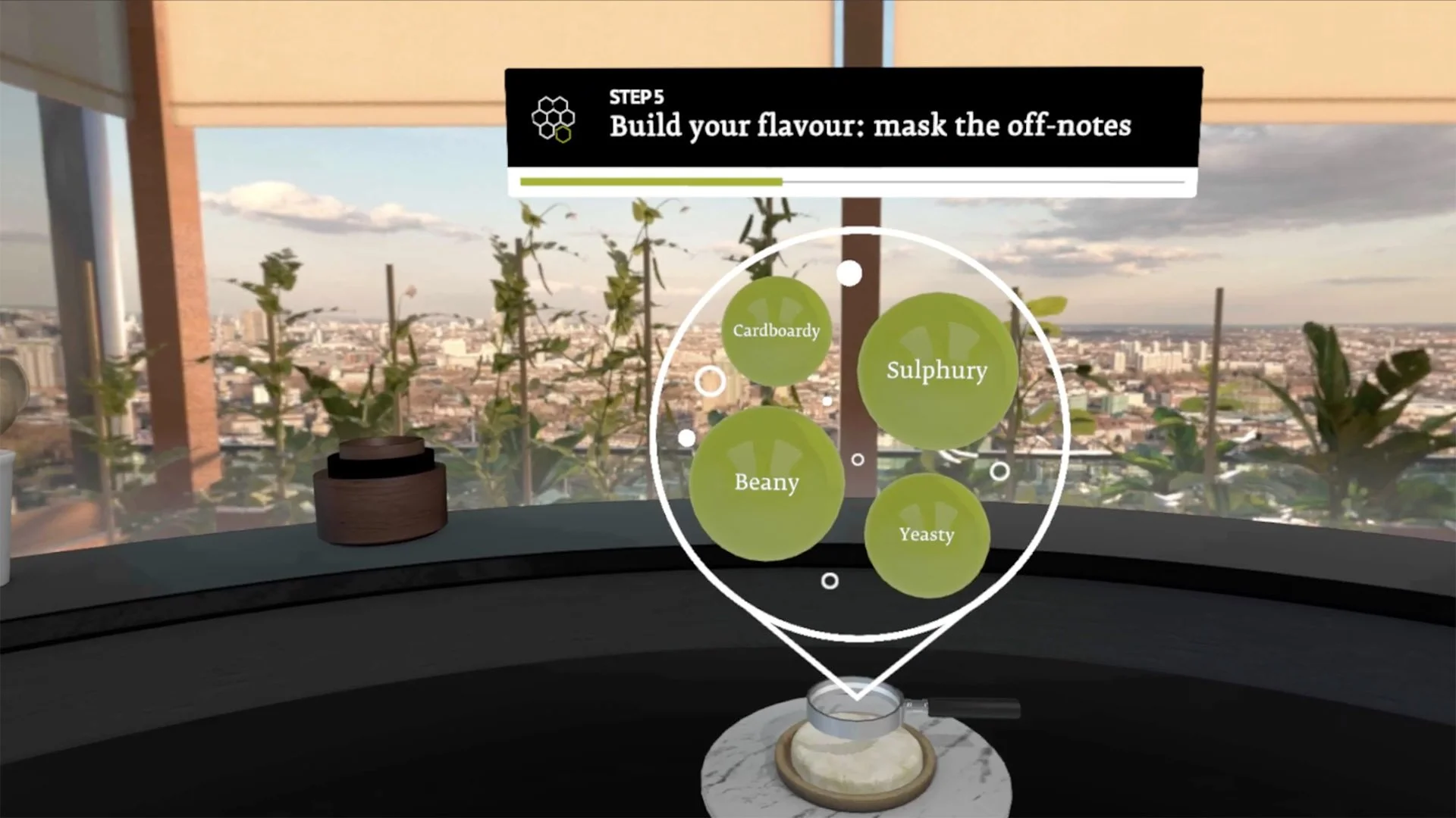 Virtual reality scene showing a city skyline with a rooftop garden, a labeled circle of herbs including cardamom, sulphury, beany, yeasty, and in the foreground a container of spice blend. The scene includes overlay text: 'STEP 5 Build your flavour: mask the off-notes'.