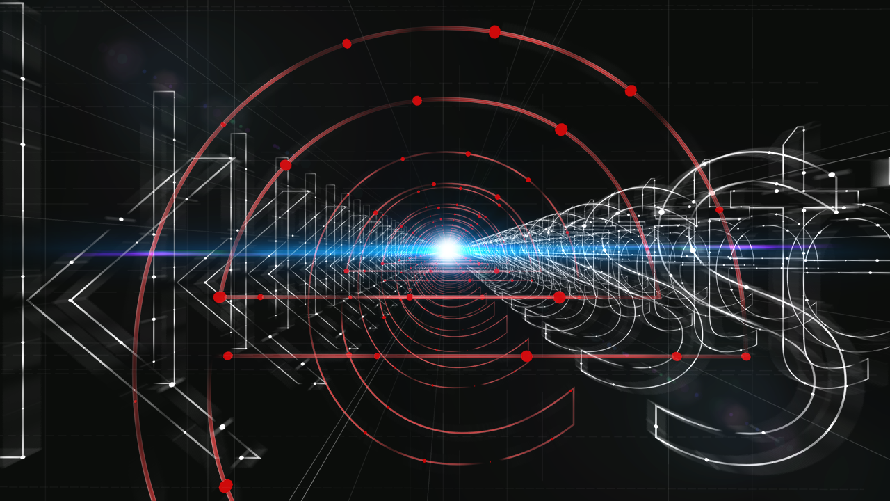 Futuristic digital graphic with concentric circles, geometric lines, and data points emanating from a bright central light, representing advanced technology or data analysis.
