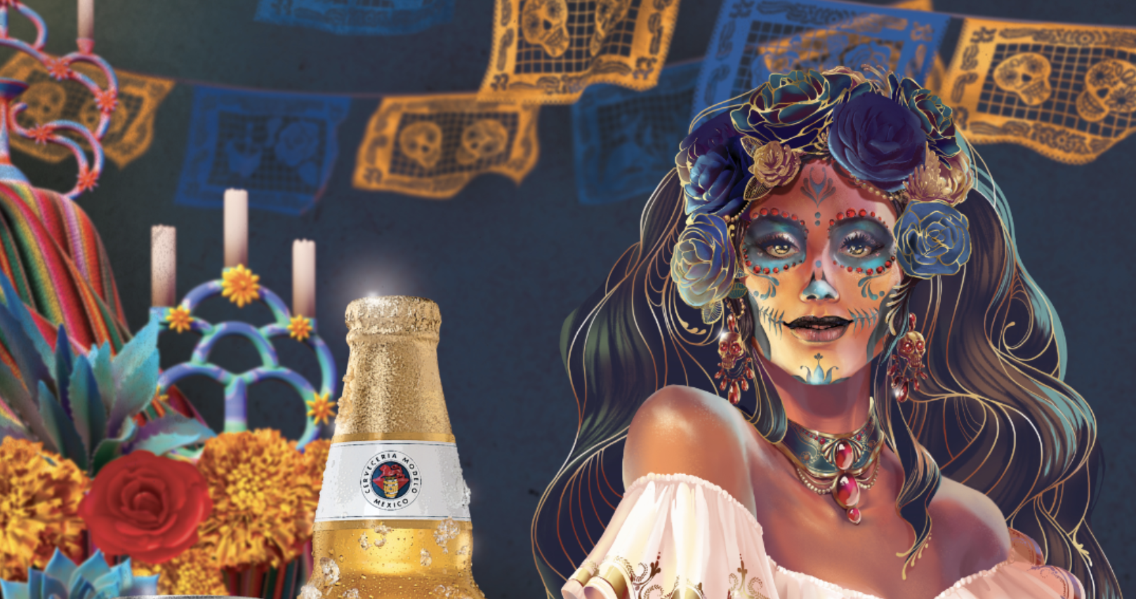 A woman dressed in traditional Mexican Day of the Dead attire with face paint resembling a sugar skull, decorated with flowers and jewelry, surrounded by vibrant decorations and a bottle of beer.