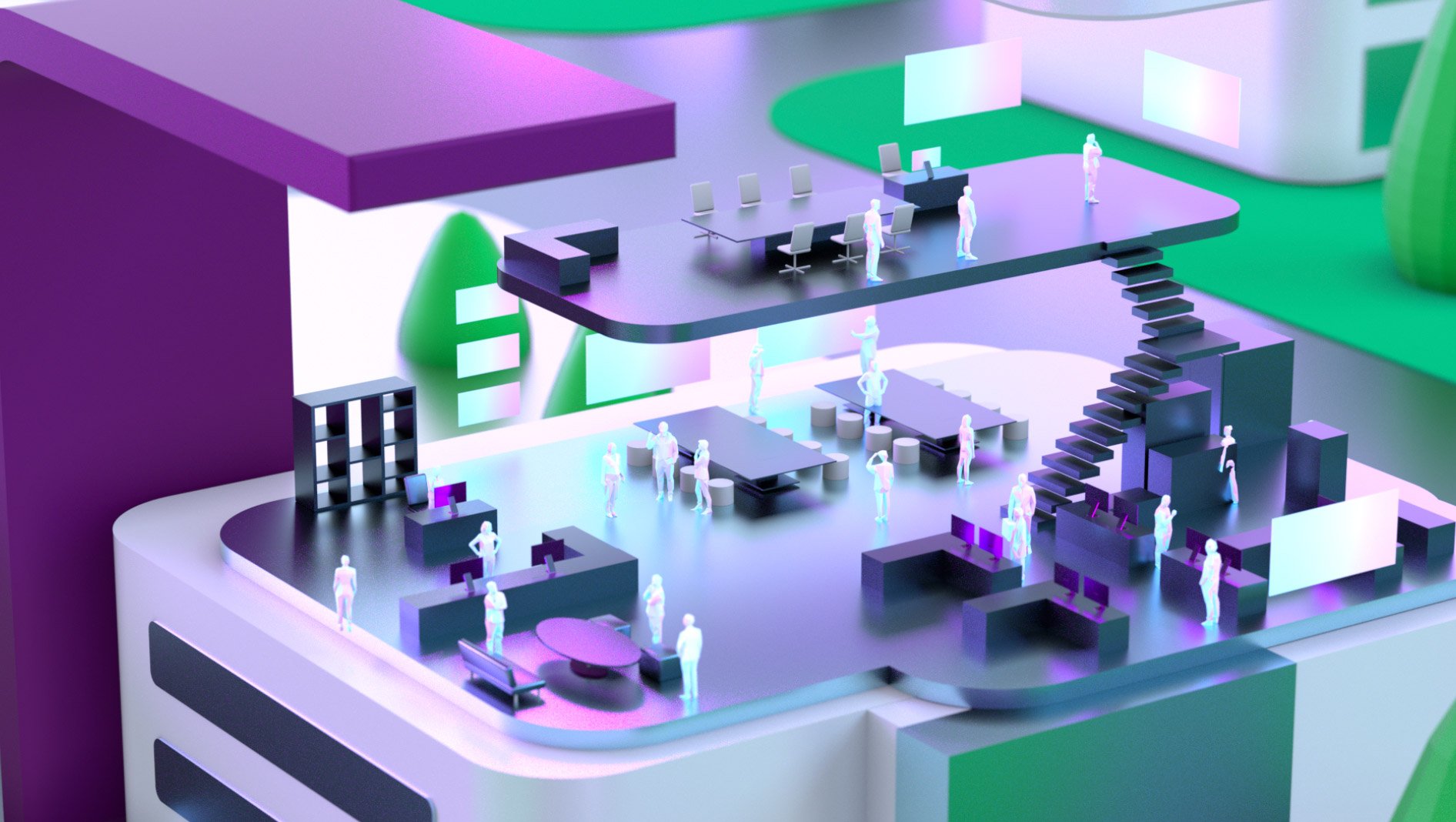 A colorful, futuristic, multi-level digital office space with small human figures, desks, stairs, and modern furniture.