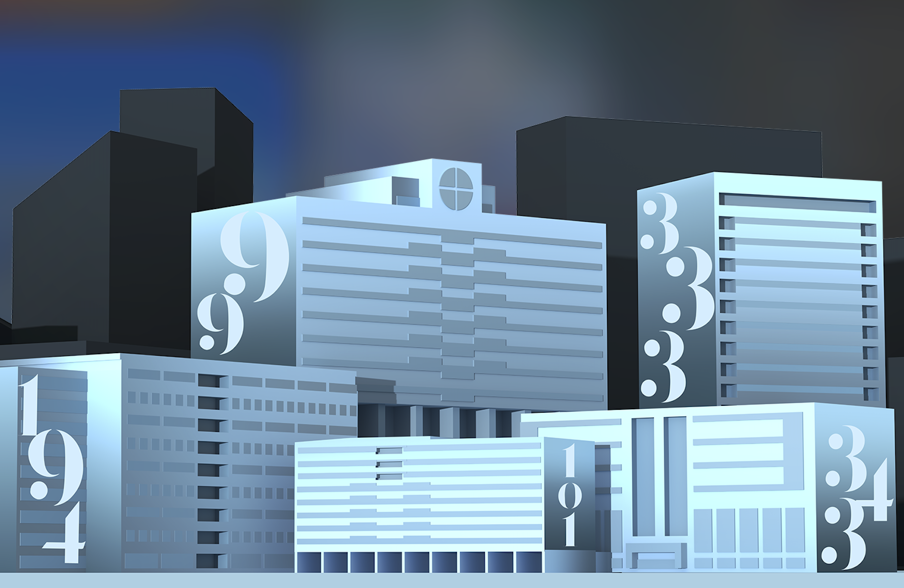 Stylized digital cityscape with tall buildings displaying large typography of numerical rankings from 1 to 9.