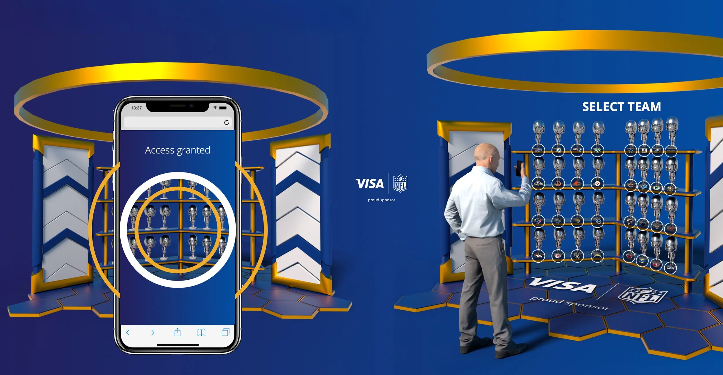 Digital display showing 'Access granted' over a background of football NFL trophies, with a man taking a photo of NFL helmet logos on a wall, under a 'Select Team' sign, and Visa sponsorship branding.